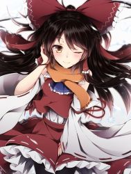  1girl ascot bad_id bad_twitter_id black_hair black_legwear blush bow commentary_request cowboy_shot detached_sleeves frilled_bow frilled_shirt_collar frilled_skirt frills hair_bow hair_tubes hakurei_reimu highres long_hair looking_at_viewer one_eye_closed orange_scarf red_bow red_skirt red_vest ribbon-trimmed_skirt ribbon-trimmed_sleeves ribbon_trim scarf sidelocks skirt smile snowflakes solo touhou toyosaki_shu vest white_background yellow_eyes  rating:Sensitive score:10 user:danbooru