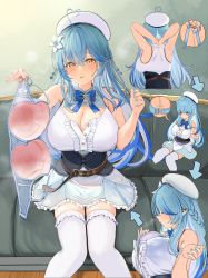  &gt;_&lt; 1girl absurdres ahoge arrow_(symbol) bare_shoulders belt beret black_corset blouse blue_bow blue_bowtie blue_bra blue_hair blue_skirt bow bowtie bra braid breasts brown_belt center_frills cleavage colored_tips corset elf flower frilled_shirt frilled_skirt frilled_thighhighs frills from_above from_behind from_side hair_between_eyes hair_flower hair_ornament hand_up hat heart heart_ahoge highres holding holding_bra holding_clothes holding_underwear hololive huge_breasts leather_belt long_hair looking_at_viewer miniskirt multicolored_hair multiple_views open_mouth partially_unbuttoned pointy_ears removing_bra removing_bra_under_shirt shirt sitting skirt sleeveless sleeveless_shirt smile snowflake_hair_ornament snowflake_print stained_clothes streaked_hair sumida_bunchou sweat thighhighs underbust underwear undressing unworn_bra very_long_hair virtual_youtuber white_headwear white_shirt white_thighhighs yellow_eyes yukihana_lamy  rating:Questionable score:124 user:danbooru