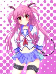  10s 1girl ahoge angel_beats! belt blush choker cross demon_tail female_focus flat_chest halftone halftone_background hands_on_own_hips highres long_hair looking_at_viewer midriff navel pink_hair polka_dot red_eyes school_uniform serafuku short_twintails solo staring suterii tail thigh_strap twintails two_side_up wide-eyed yui_(angel_beats!)  rating:Sensitive score:15 user:danbooru