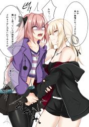  1boy 1girl artoria_pendragon_(all) artoria_pendragon_(fate) astolfo_(fate) bare_shoulders bdsm belt black_bow black_jacket black_pantyhose black_ribbon black_shorts black_skirt blonde_hair blue_belt blush bow breasts camisole cbt cleavage collarbone commentary_request constricted_pupils cowboy_shot crop_top drawstring fate/grand_order fate_(series) femdom grin hair_between_eyes hair_bow hair_ribbon highres jacket long_sleeves looking_at_another midriff miniskirt nose_blush off_shoulder official_alternate_costume open_clothes open_jacket open_mouth pantyhose parted_lips pink_hair pleated_skirt ponytail purple_jacket ribbon saber_alter saber_alter_(ver._shinjuku_1999)_(fate) shirt short_shorts shorts simple_background skirt smile spaghetti_strap speech_bubble standing striped_clothes striped_shirt tears thighs translation_request trap watarase_piro white_background white_belt  rating:Questionable score:101 user:danbooru