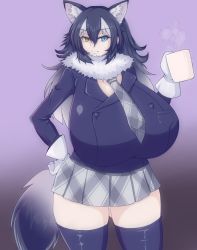  1girl bad_id bad_twitter_id black_hair blue_eyes breasts cup curvy fur_collar gigantic_breasts gloves grey_wolf_(kemono_friends) hand_on_own_hip heterochromia highres huge_breasts kemono_friends long_hair looking_at_viewer multicolored_eyes multicolored_hair necktie sha-pei_sahei silver_hair skirt smile solo standing tail thick_thighs thighhighs thighs tight_clothes white_gloves yellow_eyes  rating:Sensitive score:34 user:danbooru