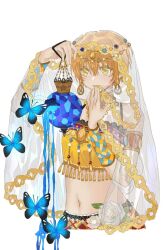  1girl arabian_clothes armlet bity3155660241 blue_butterfly border bug butterfly circlet closed_mouth colored_eyelashes cowboy_shot dripping flower full_moon hand_on_own_chin holding holding_lantern hoshizora_rin insect lace lace-trimmed_skirt lace_trim lantern leaf lily_pad love_live! midriff moon navel night orange_hair pink_lips plaid plaid_skirt purple_sky red_skirt rose see-through_veil shirt short_hair simple_background skirt sky smile solo tassel white_background white_flower white_rose white_veil yellow_eyes yellow_shirt 