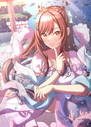 1girl absurdres air_bubble alternate_hairstyle blush bracelet bubble citrusmikan closed_mouth clownfish collarbone coral coral_hair_ornament cosplay finger_to_mouth fish hagoromo hair_ornament hair_rings hand_up highres idolmaster idolmaster_shiny_colors index_finger_raised jewelry long_hair looking_at_viewer official_alternate_costume orihime_(cosplay) orihime_(tanabata) osaki_amana pink_skirt pleated_skirt puffy_short_sleeves puffy_sleeves red_hair shawl short_sleeves skirt smile solo submerged swept_bangs the_weaver_girl_and_the_cowherd tropical_fish underwater water yellow_eyes