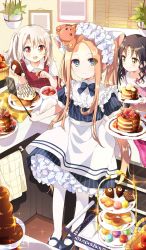 3girls :d abigail_williams_(fate) abigail_williams_(heart_of_cooking)_(fate) alternate_hairstyle animal_ears apron aqua_eyes basket black_hair blonde_hair blue_bow blue_dress blue_legwear blueberry bottle bow cat_ears chocolate chocolate_syrup commentary cook&#039;s_heart_(fate) craft_essence_(fate) dress fate/grand_order fate_(series) food forehead fruit hair_bow holding holding_bottle holding_food holding_fruit holding_plate holding_spatula illyasviel_von_einzbern illyasviel_von_einzbern_(heart_of_cooking) long_hair macaron mary_janes multiple_girls namori official_alternate_costume official_art open_mouth pancake pastry_bag plate puffy_short_sleeves puffy_sleeves raspberry red_eyes sessyoin_kiara sessyoin_kiara_(lily) sessyoin_kiara_(lily)_(heart_of_cooking) shirt shoes short_sleeves silver_hair smile spatula squeeze_bottle strawberry striped_clothes striped_dress stuffed_animal stuffed_toy teddy_bear tiered_tray towel twintails vertical-striped_clothes vertical-striped_dress very_long_hair waist_apron white_bow white_legwear white_shirt yellow_eyes rating:Sensitive score:11 user:danbooru