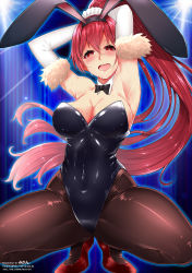 1girl animal_ears armpits arms_up blush breasts cleavage covered_erect_nipples covered_navel elbow_gloves fake_animal_ears fishnet_pantyhose fishnets gloves heart heart-shaped_pupils highres large_breasts long_hair medium_breasts mikan_(chipstar182) pantyhose playboy_bunny ponytail rabbit_ears red_hair smile solo squatting symbol-shaped_pupils thick_thighs thighs white_gloves rating:Sensitive score:18 user:danbooru