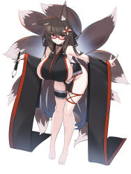 1girl absurdres animal_ears bags_under_eyes barefoot breasts brown_hair chain chain_necklace fox_ears fox_girl fox_shadow_puppet fox_tail full_body highres huge_breasts japanese_clothes jewelry kitsune kutan kyuubi large_tail long_sleeves multiple_tails necklace no_panties original paintbrush pinwheel pinwheel_hair_ornament red_eyes sideboob slit_pupils solo tail wide_sleeves 
