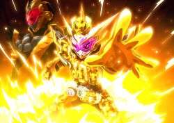  2018 2019 2boys absurdres alternate_costume arm_up armor aura back-to-back belt black_armor black_footwear black_gloves blue_sky bodysuit boots clenched_hand clock clock_hands commentary compound_eyes cowboy_shot dated driver_(kamen_rider) gloves glowing glowing_eyes gold_armor gold_trim grand_zi-o_rider_watch helmet highres horns imminent_fight kamen_rider kamen_rider_555 kamen_rider_agito kamen_rider_agito_(series) kamen_rider_blade kamen_rider_blade_(series) kamen_rider_build kamen_rider_build_(series) kamen_rider_dcd kamen_rider_decade kamen_rider_den-o kamen_rider_den-o_(series) kamen_rider_double kamen_rider_drive kamen_rider_drive_(series) kamen_rider_ex-aid kamen_rider_ex-aid_(series) kamen_rider_faiz kamen_rider_fourze kamen_rider_fourze_(series) kamen_rider_gaim kamen_rider_gaim_(series) kamen_rider_ghost kamen_rider_ghost_(series) kamen_rider_grand_zi-o kamen_rider_hibiki kamen_rider_hibiki_(series) kamen_rider_kabuto kamen_rider_kabuto_(series) kamen_rider_kiva kamen_rider_kiva_(series) kamen_rider_kuuga kamen_rider_kuuga_(series) kamen_rider_ooo kamen_rider_ooo_(series) kamen_rider_ryuki kamen_rider_ryuki_(series) kamen_rider_w kamen_rider_wizard kamen_rider_wizard_(series) kamen_rider_zi-o kamen_rider_zi-o_(series) loincloth long_coat male_focus metal multiple_boys official_alternate_costume open_hand otokamu ouma_zi-o pink_eyes powering_up red_eyes rider_belt rider_watch shoulder_armor single_horn sky spotlight standing summoning time_paradox time_travel tokusatsu trait_connection waistcoat ziku_driver 