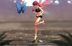  1girl :t artist_name balancing barefoot berry black_bra black_panties blue_butterfly blurry boyshort_panties bra breasts bug butterfly chewing closed_mouth commentary day depth_of_field deviantart_username eating erylia_(mleth) fairy fairy_wings fantasy food food_bite frog fruit full_body highres holding holding_food holding_fruit insect lake leg_up looking_down medium_breasts mini_person minigirl mleth navel on_animal original outdoors panties pink_eyes pink_hair plant pointy_ears ponytail raised_eyebrow short_hair solo sports_bra standing standing_on_one_leg stomach sunlight tiptoes underwear underwear_only water watermark web_address wings 