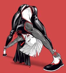  a.k.i._(street_fighter) ass black_panties earrings high_collar highres jewelry mole mole_under_mouth muscular muscular_female panties partially_colored pelvic_curtain red_lips short_hair simple_background slippers smile snake_print street_fighter street_fighter_6 stretching tassel tassel_earrings underwear xamurai 