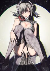  1girl between_legs black_hair breasts china_dress chinese_clothes cleavage_cutout clothing_cutout corsage double_bun dress final_fantasy final_fantasy_vii final_fantasy_vii_remake fishnet_thighhighs fishnets hair_bun hand_between_legs knees_together_feet_apart lace lace-trimmed_thighhighs large_breasts looking_at_viewer official_alternate_costume official_alternate_hairstyle revision sitting solo temoc thighhighs tifa_lockhart tifa_lockhart_(sporty_dress) 