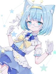  1girl animal_ears aqua_brooch blue_bow blue_hair blue_skirt blunt_bangs bow breasts cat_ears cat_girl cropped_legs detached_sleeves dress fang glasses gloves hair_ornament headband highres idol_clothes iro_iro_iroo jelly_hoshiumi looking_at_viewer medium_hair phase_connect puffy_detached_sleeves puffy_sleeves skin_fang skirt small_breasts star_(symbol) star_in_eye symbol_in_eye thighhighs virtual_youtuber white_background white_dress white_gloves white_thighhighs yellow_bow yellow_headband 