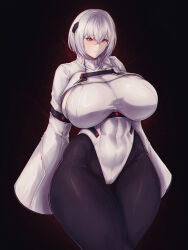  1girl armband armored_core armored_core_6 arms_at_sides ayre_(armored_core_6) black_background black_pantyhose blush bob_cut breasts bright_pupils cameltoe cowboy_shot curvy energy glowing glowing_eyes grey_hair hair_between_eyes hair_ornament highres huge_breasts leotard light_smile linea_alba long_sleeves nose_blush pantyhose red_eyes shiny_clothes short_hair sideboob solo taut_leotard thick_thighs thigh_gap thighs toned tsurime white_leotard white_pupils wide_hips wide_sleeves zer0.zer0  rating:Sensitive score:38 user:danbooru