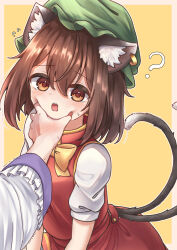  2girls ? absurdres animal_ear_fluff animal_ear_piercing animal_ears blush brown_eyes brown_hair cat_ears cat_tail chen commentary_request dot_nose earrings forked_tail frills hair_between_eyes hand_blush hat highres jewelry long_sleeves looking_at_viewer medium_hair mob_cap multiple_girls nekomata open_mouth outline pov pov_hands red_skirt red_vest simple_background single_earring skirt solo_focus tail touhou tsubakipan upper_body vest white_outline yakumo_ran yellow_background 
