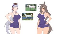  2girls animal_ears bare_shoulders blunt_bangs blunt_ends bow breasts brown_hair brown_hat cleavage closed_eyes collarbone commentary competition_school_swimsuit cowboy_shot creature_and_personification ear_bow fukuro_(maruaru00) gold_ship_(racehorse) gold_ship_(umamusume) grey_hair hair_between_eyes hand_on_own_hip hat headgear highres horse horse_ears horse_girl horse_tail kurofune_(racehorse) large_breasts long_hair multiple_girls pac-man_eyes perry_steam_(umamusume) photo_inset pillbox_hat purple_bow real_life school_swimsuit sideboob sidelocks swimsuit tail toned_female tongue tongue_out umamusume umamusume:_beginning_of_a_new_era very_long_hair wavy_hair 