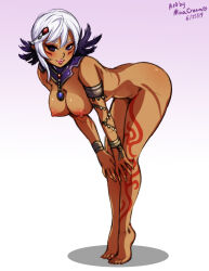  1girl absurdres ass bent_over bracelet breasts cia_(hyrule_warriors) completely_nude dark-skinned_female dark_skin female_focus full_body highres hyrule_warriors jewelry large_breasts lips mina_cream nintendo nude parted_lips purple_eyes red_pupils short_hair solo tattoo the_legend_of_zelda tiptoes white_hair 