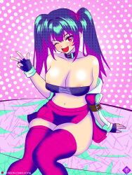  absurdres alice_the_rabbit areola_slip bloody_roar breasts cleavage highres large_breasts lucky-jj miniskirt patreon purple_eyes red_eyes simple_background skirt tagme thighhighs tsukagami_alice twintails  rating:General score:5 user:ches1re