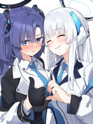  2girls absurdres band_(skymole01) black_gloves blue_archive blue_necktie blush breasts closed_eyes closed_mouth collared_shirt gloves grey_hair halo highres jacket large_breasts long_hair long_sleeves looking_at_viewer mechanical_halo multiple_girls necktie noa_(blue_archive) open_clothes open_jacket purple_eyes purple_hair shirt simple_background smile thumbs_up two_side_up white_background white_jacket white_shirt yuuka_(blue_archive) 