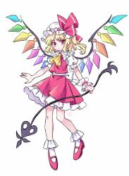  1girl ascot blonde_hair commentary crystal flandre_scarlet hat holding holding_weapon laevatein_(touhou) looking_at_viewer miy_001 mob_cap multicolored_wings one_side_up puffy_short_sleeves puffy_sleeves red_eyes red_footwear red_skirt red_vest short_sleeves side_ponytail single_wrist_cuff skirt skirt_set solo touhou vest weapon white_hat wings wrist_cuffs yellow_ascot 