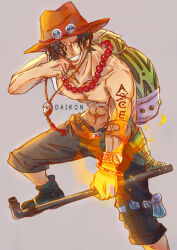  1boy absurdres arm_tattoo artist_name bag black_hair boots bracelet commentary_request daikon_illustrations fire freckles hat highres holding jewelry log_pose male_focus necklace one_piece orange_hat pearl_necklace portgas_d._ace short_hair shorts shoulder_bag simple_background smile solo tattoo topless_male 