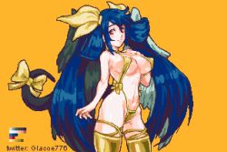  1girl angel_wings asymmetrical_wings bare_shoulders bikini blue_hair breasts center_opening covered_erect_nipples dizzy_(guilty_gear) glaceo gold_bikini gold_slingshot_swimsuit gold_thighhighs golden_week guilty_gear hair_rings hand_on_own_chest large_breasts long_hair mature_female micro_bikini monster_girl navel orange_background pixel_art red_eyes ribbon sideboob skindentation slingshot_swimsuit solo swimsuit tail tail_ornament tail_ribbon thigh_strap thighhighs twintails twitter_username underboob wings yellow_ribbon 