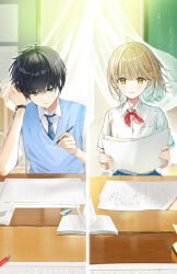  1boy 1girl black_hair blonde_hair blue_necktie blue_vest blush character_request closed_mouth collared_shirt commentary_request copyright_request cover cover_page curtains desk eraser facing_viewer green_eyes hair_ornament hairclip head_rest highres holding holding_paper holding_pen looking_at_viewer looking_down necktie novel_cover novel_illustration official_art paper pen red_ribbon ribbon school_desk school_uniform shirt short_hair short_sleeves split_screen vest watch white_shirt wristwatch yellow_eyes yukimaru_nun 