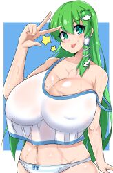  1girl :p adapted_costume aqua_eyes bare_shoulders blue_background breasts covered_erect_nipples frog_hair_ornament green_hair groin hair_ornament highres huge_breasts kochiya_sanae long_hair midriff navel norori simple_background snake_hair_ornament solo star_(symbol) strap_slip sweat tongue tongue_out touhou  rating:Questionable score:6 user:yyf