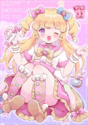  1girl ;d absurdres blonde_hair blush bow character_name full_body hair_bow hair_ornament hands_up happy_birthday highres holding holding_microphone hoshikuzu_(pinkholic) idol_clothes idol_time_pripara knees_up long_hair looking_at_viewer microphone one_eye_closed open_mouth pink_background pink_bow pink_skirt pink_socks pretty_series pripara priticket purple_eyes ringlets shirt shoe_soles short_sleeves skirt smile socks solo star_(symbol) star_hair_ornament two_side_up white_shirt wrist_cuffs yellow_bow yumekawa_yui 