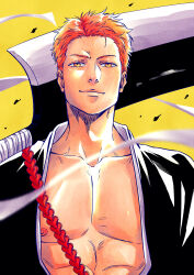  1boy abs absurdres aged_up black_kimono bleach bleach:_epilogue blurry brown_eyes clip_studio_paint_(medium) closed_mouth commentary depth_of_field english_commentary forehead highres japanese_clothes kimono kurosaki_ichigo looking_at_viewer nipples nose orange_hair over_shoulder pectorals ribbon short_hair sidelighting simple_background smile solo spiked_hair sword sword_over_shoulder upper_body v-shaped_eyebrows weapon weapon_over_shoulder white_ribbon yellow_background yshjsw zangetsu_(shikai) 