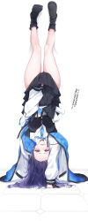  1girl absurdres black_coat black_footwear black_skirt blue_archive blue_eyes blue_hair blush breasts coat collared_shirt commentary_request embarrassed forehead full_body handstand highres jacket large_breasts long_hair long_sleeves looking_at_viewer lycoris_challenge_(meme) meme one_arm_handstand open_mouth pleated_skirt puffy_long_sleeves puffy_sleeves shirt simple_background skirt skirt_hold solo thighs translation_request upside-down white_background white_jacket white_shirt yoru0409 yuuka_(blue_archive) 