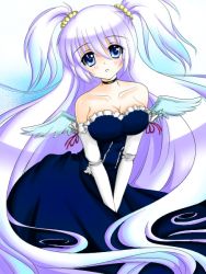 1girl absurdly_long_hair bad_id bad_pixiv_id bare_shoulders blue_dress blue_eyes blue_wings blush breasts choker cleavage collarbone colorized dress elbow_gloves female_focus gloves gradient_hair hakuryu02 large_breasts long_hair looking_at_viewer multicolored_hair original purple_hair ribbon silver_hair solo strapless strapless_dress twintails v_arms very_long_hair white_gloves wings 