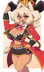  1girl absurdres blonde_hair breasts cleavage commission daigada dark-skinned_female dark_skin fang hair_intakes hand_on_own_hip highres large_breasts long_sleeves looking_at_viewer monocle open_mouth original red_eyes skin_fang smile solo 