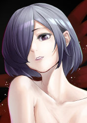  1girl absurdres bad_id bad_pixiv_id black_background blue_hair collarbone commentary_request enola_(enola_xxxxxx) gradient_hair grey_hair hair_over_one_eye highres kirishima_touka looking_at_viewer multicolored_hair nude one_eye_covered parted_lips portrait red_background short_hair solo teeth tokyo_ghoul  rating:Sensitive score:10 user:danbooru