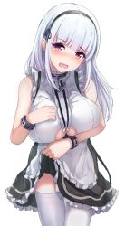  1girl absurdres apron azur_lane bad_id bad_pixiv_id bare_shoulders black_hairband blush breast_hold breasts clothes_lift clothing_cutout dido_(azur_lane) dress dress_lift frills hairband hand_on_own_chest head_tilt highres huge_breasts large_breasts lifted_by_self looking_at_viewer maid onikokko open_mouth pink_eyes silver_hair simple_background sleeveless solo standing thighhighs thighs underboob underboob_cutout waist_apron white_apron white_background white_thighhighs  rating:Sensitive score:41 user:danbooru