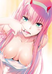 10s 1girl bad_id bad_yandere_id blush breasts collarbone cowboy_shot darling_in_the_franxx downblouse dress dutch_angle eyeliner fangs finger_in_own_mouth green_eyes hairband highres horns large_breasts long_hair looking_at_viewer lossy-lossless makeup mouth_pull no_bra official_art pink_hair see-through_silhouette sidelocks solo topless white_dress yabuki_kentarou zero_two_(darling_in_the_franxx) rating:Questionable score:160 user:百合fag