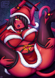  1girl bell black_hair breasts choker christmas colored_inner_hair colored_skin commentary demon_girl demon_horns demon_tail dress english_commentary fangs fingernails fur_trim hair_over_one_eye halo hat highres horns large_breasts long_pointy_ears multicolored_hair navel open_mouth original pointy_ears red_hair red_skin santa_dress santa_hat sevie sharp_fingernails slit_pupils solo tail tail_bell tail_ornament thighhighs yellow_eyes  rating:Questionable score:18 user:danbooru