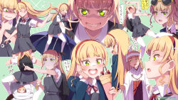  1girl blonde_hair blunt_bangs blush closed_eyes cream cream_on_face crepe cropped_legs dress eating eyewear_on_head food food_awe food_on_face full_body glaring green_eyes grin hair_flip hairband hand_on_own_cheek hand_on_own_face heanna_sumire heart heart_in_mouth holding holding_umbrella japanese_clothes kitahara_tomoe_(kitahara_koubou) long_hair love_live! love_live!_superstar!! miko multiple_views neck_ribbon open_mouth pinafore_dress pointing profile red_hairband red_ribbon ribbon school_uniform sleeveless_dress smile straight_hair sunglasses sweatdrop teeth thighhighs translation_request umbrella upper_body v-shaped_eyebrows white_thighhighs yuigaoka_school_uniform zettai_ryouiki 