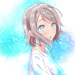  1girl blue_eyes blush brown_hair earrings feathers from_side highres jewelry love_live! love_live!_sunshine!! mnb_(ivuchisa) open_mouth shirt short_hair simple_background solo watanabe_you wavy_hair 