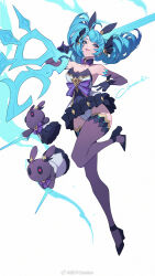 1girl ahoge animal_ears artist_name bare_shoulders black_thighhighs blue_eyes blue_hair blush breasts citemer cleavage collarbone commentary dress drill_hair elbow_gloves english_commentary full_body gloves gwen_(league_of_legends) hair_between_eyes highres holding holding_scissors holding_weapon league_of_legends long_hair looking_at_viewer medium_breasts parted_lips rabbit rabbit_ears scissors simple_background smile solo star_(symbol) star_in_eye stuffed_animal stuffed_rabbit stuffed_toy symbol_in_eye thighhighs thighs twin_drills weapon white_background rating:Sensitive score:16 user:danbooru