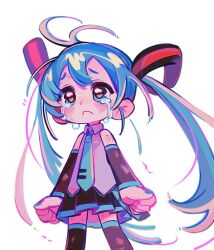  1girl antenna_hair aqua_trim bare_shoulders black_skirt black_sleeves black_thighhighs blue_eyes blue_hair blue_nails blue_necktie chinese_commentary clenched_hands closed_mouth collared_shirt commentary crying crying_with_eyes_open detached_sleeves grey_shirt hair_ornament hatsune_miku long_hair long_sleeves miniskirt nail_polish necktie pleated_skirt shirt skirt sleeveless sleeveless_shirt solo standing streaming_tears suuroku tears thighhighs twintails very_long_hair vocaloid white_background 