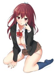  1girl :o arm_support black_socks blazer blue_socks blush bow bowtie breasts cleavage dress_shirt free! hair_ornament jacket kneehighs kurimomo long_hair looking_at_viewer matsuoka_gou navel no_shoes open_clothes open_jacket open_mouth open_shirt panties panty_pull ponytail red_eyes red_hair school_uniform shirt simple_background sitting skirt socks solo twitter_username underwear wariza white_background white_panties 