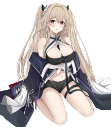 1girl absurdly_long_hair absurdres anchorage_(azur_lane) azur_lane between_breasts black_coat black_shorts breasts cleavage coat commentary_request hair_between_eyes hair_ornament hair_ribbon highres kuyoumi light_brown_hair long_hair looking_at_viewer midriff navel necktie necktie_between_breasts off-shoulder_coat off_shoulder parted_lips purple_eyes ribbon short_shorts shorts sidelocks simple_background sitting solo two_side_up very_long_hair wariza white_background rating:Sensitive score:11 user:danbooru