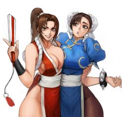 2girls bare_legs bare_shoulders black_hair bracelet breast_press breasts brown_eyes brown_hair capcom carcass_(artist) china_dress chinese_clothes chun-li cleavage crossover double_bun dress earrings fatal_fury female_focus folding_fan hair_bun hand_fan holding holding_fan japanese_clothes jewelry large_breasts long_hair matching_hair/eyes multiple_girls ninja no_bra open_mouth pantyhose pelvic_curtain ponytail rope sash shiranui_mai sideboob smile snk spiked_bracelet spikes street_fighter the_king_of_fighters thighs white_sash rating:Questionable score:82 user:danbooru