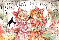  2013 2girls back_bow bat_wings black_wings blonde_hair bow closed_mouth cowboy_shot crystal flandre_scarlet frilled_bow frills grey_hair hair_between_eyes hair_bow happy_new_year heart heart_background highres himegamik holding_hands interlocked_fingers japanese_clothes kimono large_bow long_sleeves looking_at_viewer multicolored_background multicolored_wings multiple_girls new_year open_mouth painting_(medium) pink_kimono red_bow red_eyes red_kimono remilia_scarlet siblings sisters smile touhou traditional_media watercolor_(medium) wings 