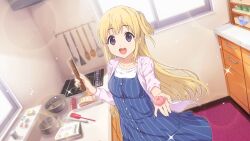 1girl 22/7 22/7_ongaku_no_jikan blonde_hair blue_dress blurry book bowl collarbone cooking depth_of_field dress dutch_angle food from_above fujima_sakura game_cg highres holding holding_food incoming_food jacket kitchen lens_flare light_particles long_hair looking_at_viewer non-web_source official_art open_mouth pink_jacket purple_eyes single_hair_ring smile solo sparkle spatula stove wagashi whisk window 