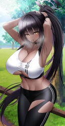  1girl absurdres armpits black_choker black_hair black_pants blue_archive blush breasts choker cleavage closed_mouth clothing_cutout dark-skinned_female dark_skin day halo highres huge_breasts karin_(blue_archive) long_hair looking_at_viewer navel outdoors pants ponytail purple_halo solo sports_bra ssb_(nit8921) sweat tree underboob underboob_cutout white_sports_bra yellow_eyes 