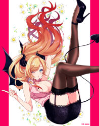  1girl arm_behind_head ass black_footwear black_skirt black_thighhighs black_wings blonde_hair border breast_tattoo breasts cleavage collarbone commentary demon_girl demon_horns demon_tail demon_wings flower frilled_shirt frills garter_straps gradient_hair green_eyes heart heart_tattoo high_heels hololive horns large_breasts legs_up long_hair multicolored_hair n_gyou one_eye_closed pink_border pink_hair pink_shirt puckered_lips see-through_thighhighs shirt skirt solo symbol-only_commentary tail tattoo thighhighs twitter_username white_background wings yuzuki_choco yuzuki_choco_(1st_costume) 
