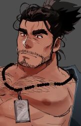  1boy bara bare_pectorals bead_necklace beads beard black_hair chest_hair collarbone crave_saga dark-skinned_male dark_skin facial_hair forked_eyebrows ginjimaru_(crave_saga) grey_background highres japanese_clothes jewelry kimono large_pectorals long_hair male_focus mature_male muscular muscular_male necklace nipples open_clothes open_kimono pectorals ponytail scar scar_on_face simple_background solo sparse_chest_hair sweat thick_eyebrows unfinished usuki_(usukine1go) 