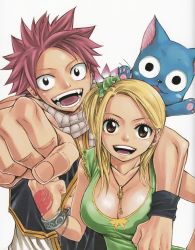 1boy 1girl arm_around_shoulder blonde_hair breasts cleavage fairy_tail happy_(fairy_tail) highres key large_breasts long_hair lucy_heartfilia mashima_hiro natsu_dragneel open_mouth pink_hair smile tattoo rating:Sensitive score:36 user:jojosstand