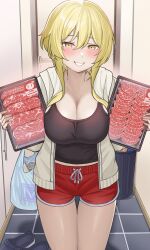  1girl alternate_costume bag black_tank_top blonde_hair blush breasts can cleavage door drawstring food genshin_impact grin grocery_bag hair_between_eyes highres holding holding_food indoors jacket large_breasts looking_at_viewer lumine_(genshin_impact) meat o-los open_clothes open_jacket plastic_bag red_shorts shoes shopping_bag short_hair_with_long_locks short_shorts shorts sidelocks smile solo tank_top teeth thighs white_jacket yellow_eyes 