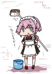  1girl alternate_costume apron black_dress blue_eyes bucket commentary_request curse_(023) dated dress enmaided frilled_apron frills full_body hand_on_own_hip kantai_collection maid maid_headdress mop pink_hair shiranui_(kancolle) short_hair solo standing thighhighs translated white_apron white_thighhighs 